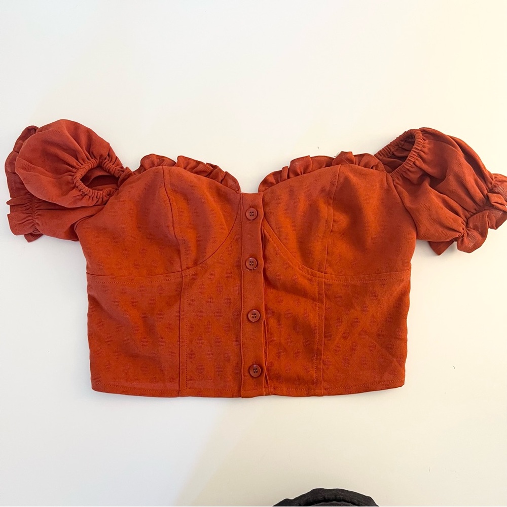 Burnt orange ruffle button up crop top blouse shirt